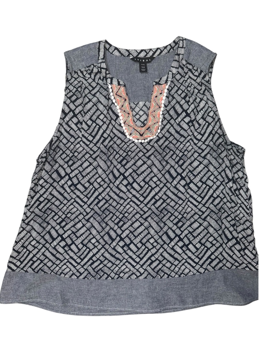 Tribal Women’s XL 16 Navy Geometric Embroidered Pom Pom Sleeveless Blouse